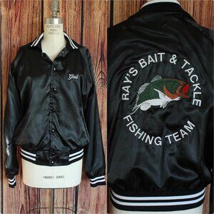 Vintage 1970s 1980s Men's Jacket, Black Satin Rennoe Vineland NJ Fishing Team